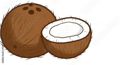 Coconut illustration featuring a whole fruit and a halved coconut fruit closeup