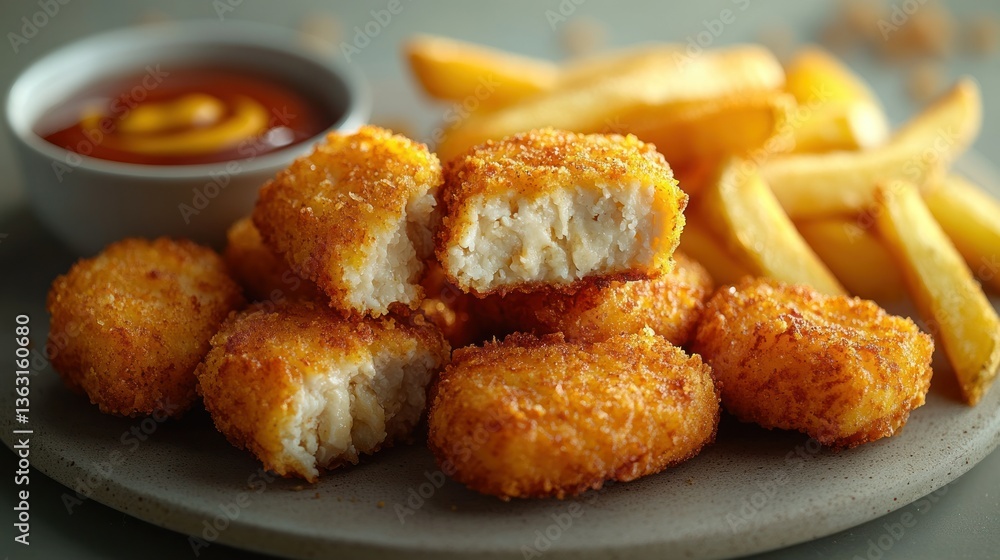 Crispy chicken nuggets with fries and dipping sauce (1) Crispy chicken nuggets with fries and dipping sauce (1)