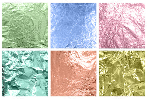 Set of Foil realistic background textures. Vector of crumpled metallic paper in different colors.