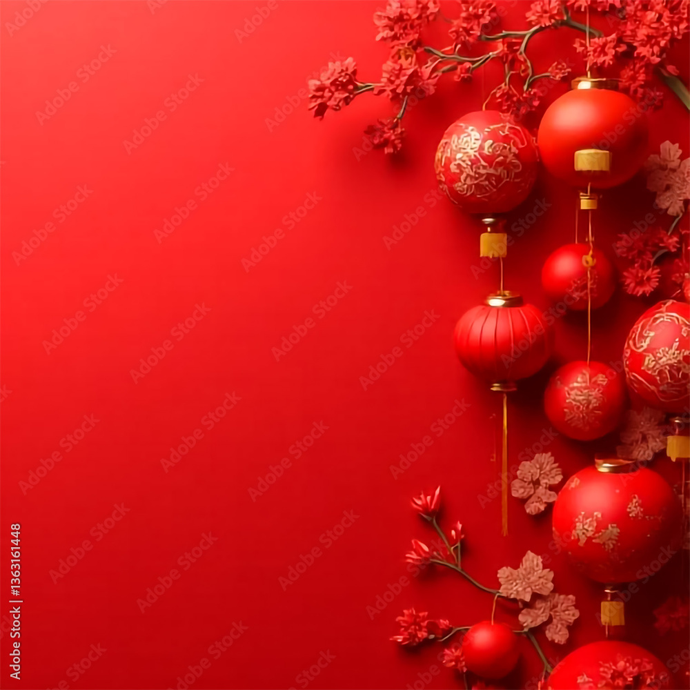 Festive red lanterns and blossoms celebrate a joyous Lunar New Year against a rich scarlet backdrop. Festive red lanterns and blossoms celebrate a joyous Lunar New Year against a rich scarlet backdrop.