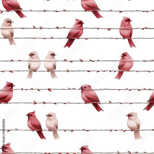 A charming pattern showcases birds on wires in warm hues, complemented by delicate leaves, perfect for textiles or decor SEAMLESS PATTERN