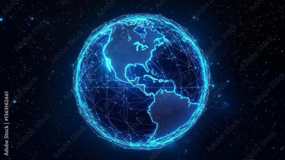 Obraz premium A digital representation of Earth with glowing network connections, symbolizing global connectivity and innovation.