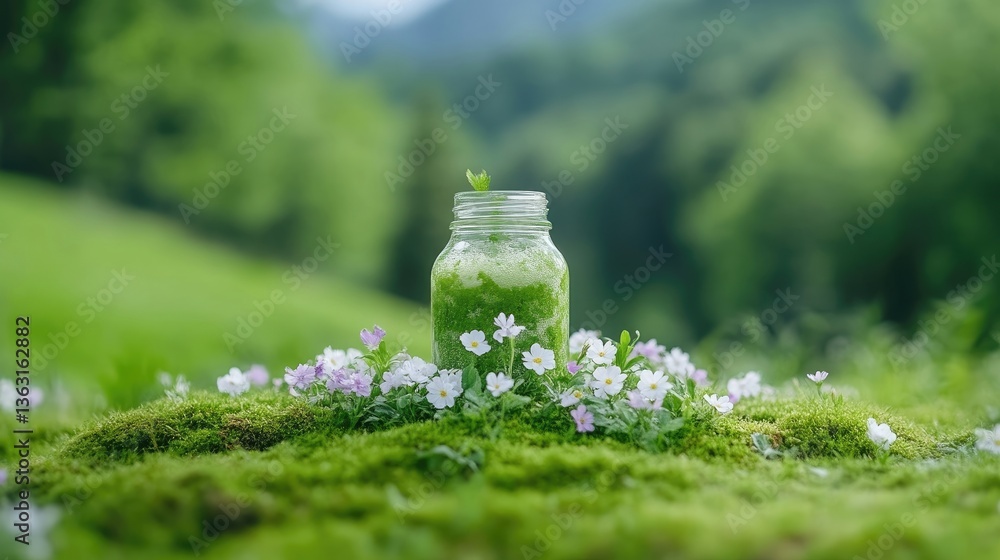 Fresh green smoothie in a mason jar, surrounded by wildflowers and moss in a natural setting Fresh green smoothie in a mason jar, surrounded by wildflowers and moss in a natural setting
