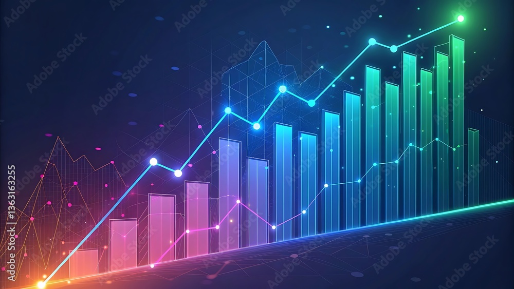 Abstract Data Visualization: Ascending Line Chart with Bar Graphs Showing Growth and Positive Trends Concept. Abstract Data Visualization: Ascending Line Chart with Bar Graphs Showing Growth and Positive Trends Concept.