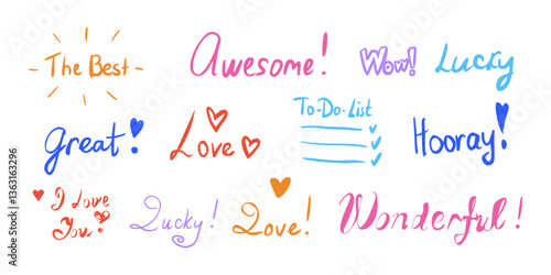 Supportive words handwritten doodle illustration set. Motivation phrases linear objects on white background. Positive attitude concept
