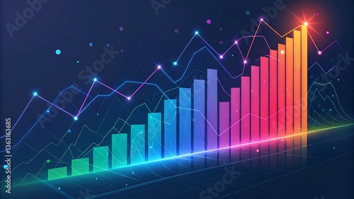 Wallpaper Mural Abstract Data Visualization: Colorful Graph with Rising Bars and Connected Lines on a Dark Background. Torontodigital.ca