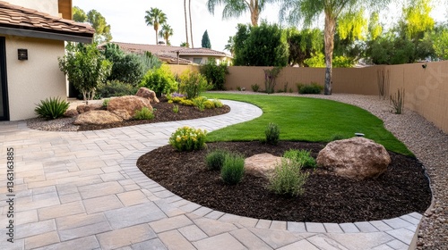 Landscaped backyard with curved pathway, green lawn, and rock garden. Tan and gray paving stones, dark mulch.