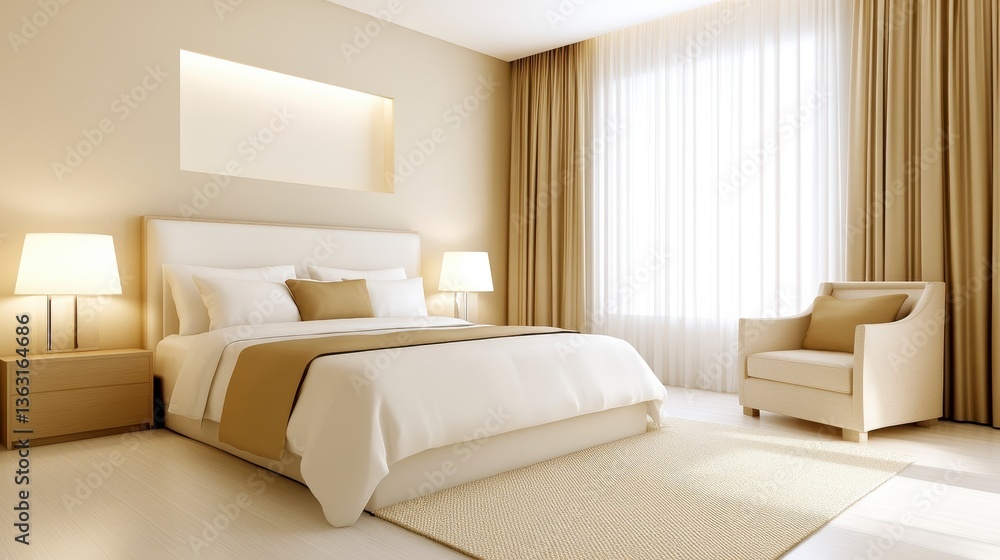 Fototapeta premium Elegant beige bedroom interior with a large bed, armchair, and patterned rug. Soft lighting creates a calm atmosphere