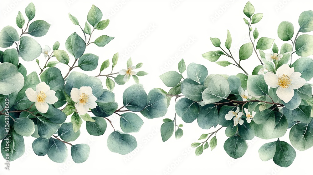 Obraz premium Watercolor wreath featuring green eucalyptus leaves and jasmine flowers perfect for spring or summer wedding invitations and greeting cards