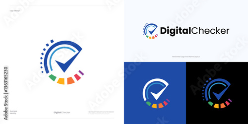 Digital checker logo icon design vector, circle with checkmark colorful and vibrant spectrum pixel, symbol checks for verification, validation, verified, power, energy, health check for brand identity
