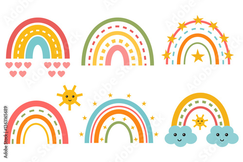 Cute collection with rainbow, cloud, star, sun in cartoon flat style. Kids friendly rainbows design. Rainbow clipart for prints, t-shirts, holiday invitations, cards for children. Nursery style.