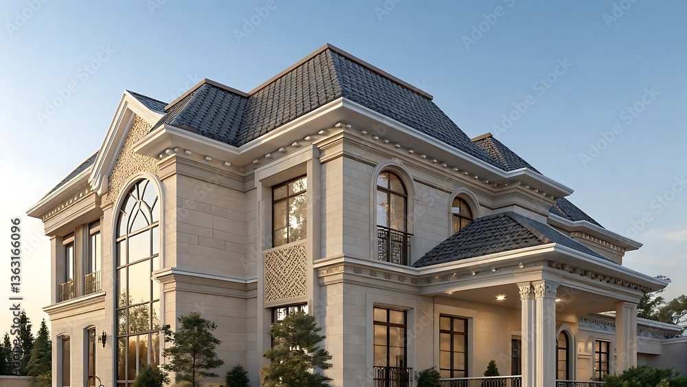 Fototapeta premium Architectural Design: Exterior view of a luxurious residence with stone facade, detailed roof, large windows, and surrounding greenery under clear sky.