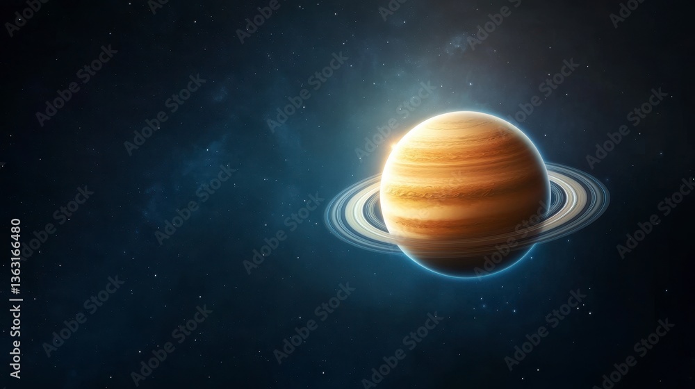 Glowing planet with rings in dark space. Detailed cosmic scene. Digital art Glowing planet with rings in dark space. Detailed cosmic scene. Digital art