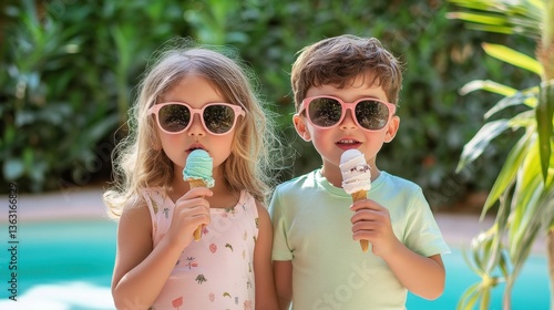 Two happy children wearing sunglasses and eating ice cream cones by the pool