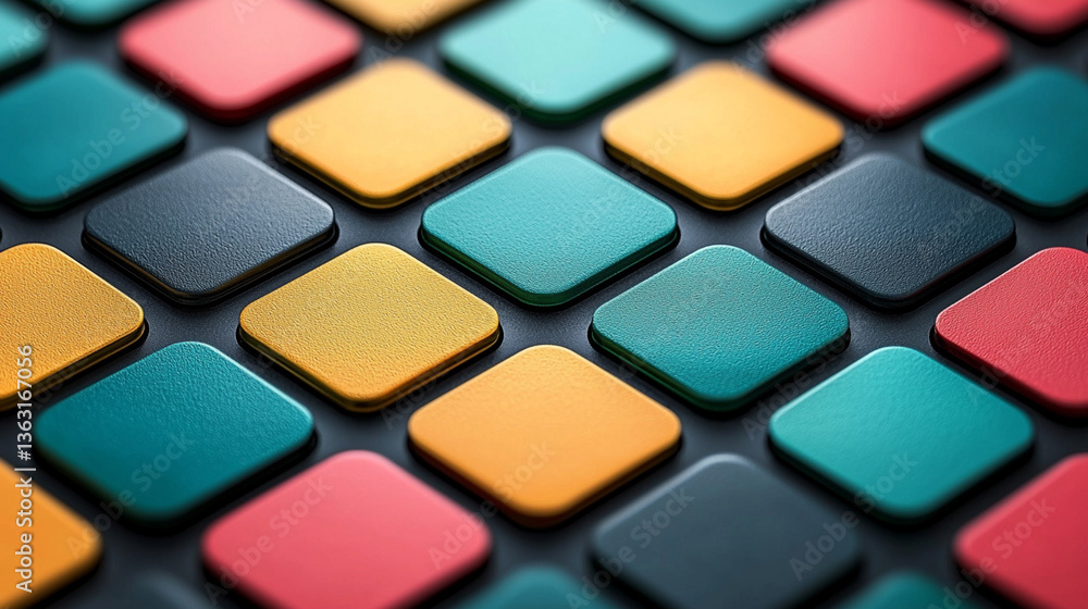 Colorful array of textured, rounded square tiles on a dark, patterned background Colorful array of textured, rounded square tiles on a dark, patterned background