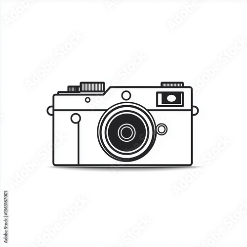 Flat vector camera icon with bold black outline and minimalist design, symbolizing photography, vintage style, and capturing memories.