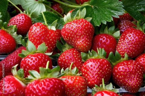 Fresh ripe strawberries with green leaves	