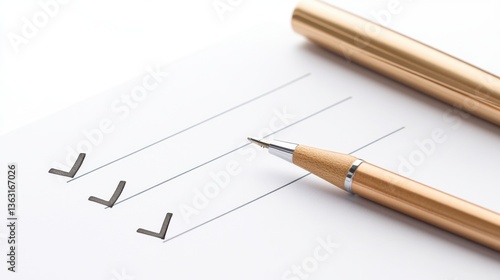 Close up of a gold pen on a checklist, minimalist aesthetic, simple background