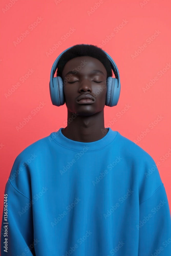Young man enjoys music with headphones against a vibrant coral background in a modern setting Young man enjoys music with headphones against a vibrant coral background in a modern setting