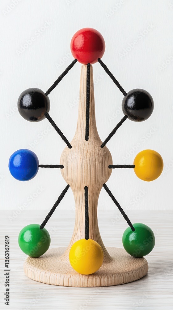 Obraz premium A colorful wooden board game piece with interconnected spheres provides ample copy space for text and strategic game tactics illustration perfect for educational materials and game