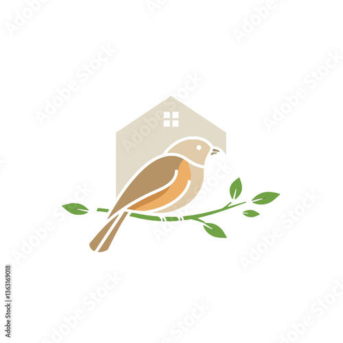 Bird sitting on a branch in front of a house logo