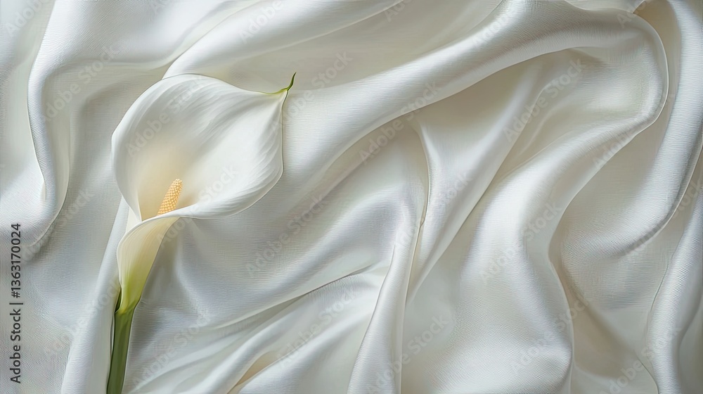 Obraz premium Elegant white calla lily on a smooth white silk background, symbolizing purity and simplicity.