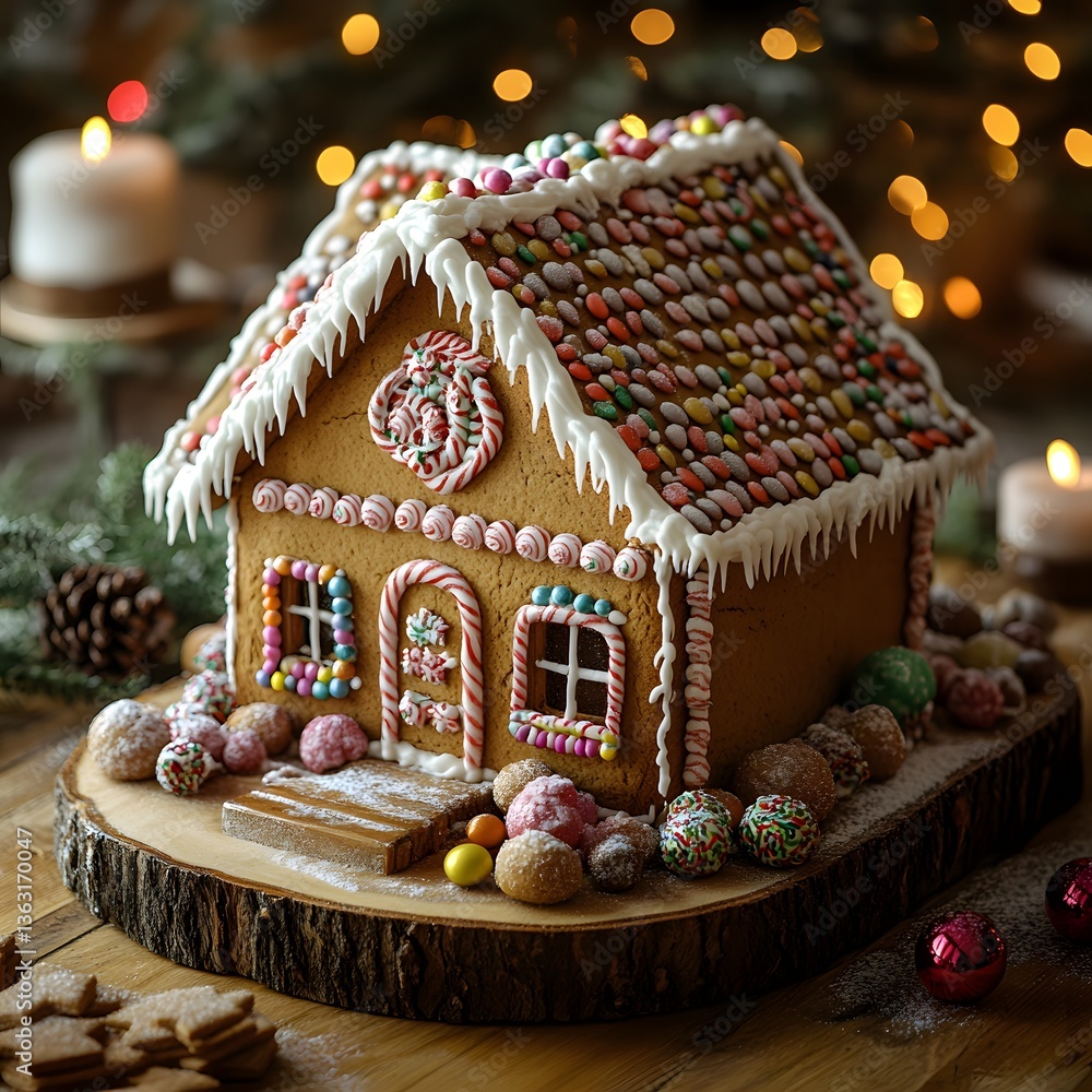 Gingerbread House with Sweet Candy and Winter Decorations photo Gingerbread House with Sweet Candy and Winter Decorations photo