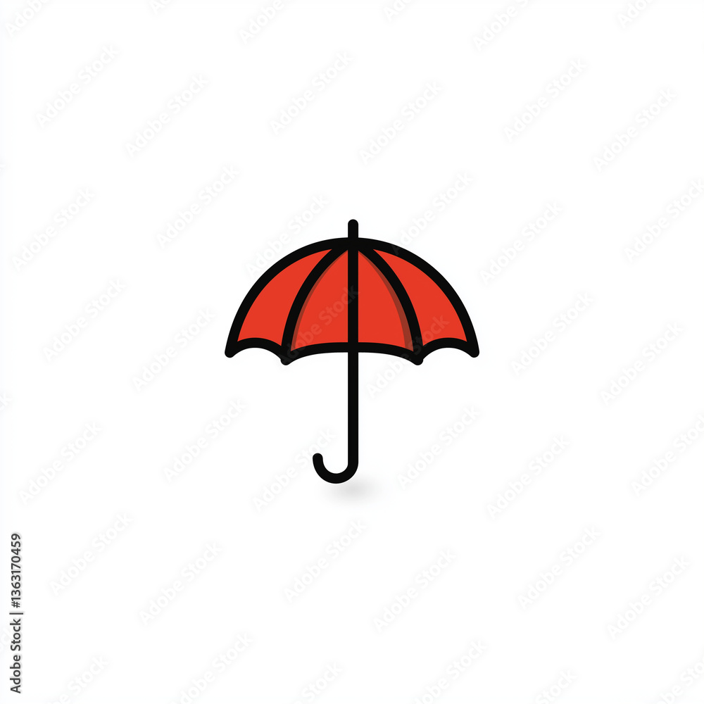 Minimal flat icon of a red umbrella with bold black outline, symbolizing protection, weather safety, and rainy season. Minimal flat icon of a red umbrella with bold black outline, symbolizing protection, weather safety, and rainy season.