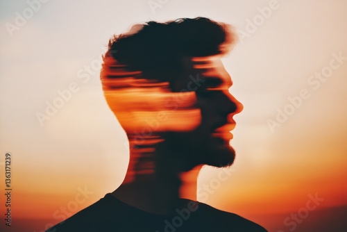 Double exposure of man with sunset sky	