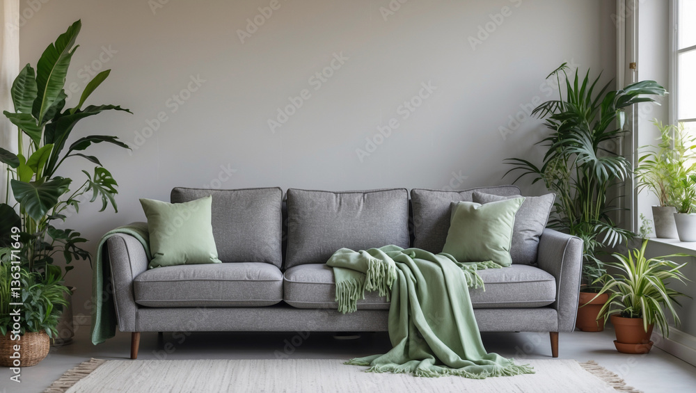 A serene living room, bathed in soft light, features a calming grey sofa adorned with sage green throws and pillows, creating a tranquil atmosphere of peace and comfort. A serene living room, bathed in soft light, features a calming grey sofa adorned with sage green throws and pillows, creating a tranquil atmosphere of peace and comfort.