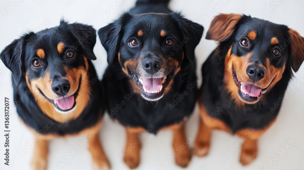 Three adorable rottweiler mix dogs sitting together looking up at the camera with happy expressions and bright eyes in a bright studio Three adorable rottweiler mix dogs sitting together looking up at the camera with happy expressions and bright eyes in a bright studio