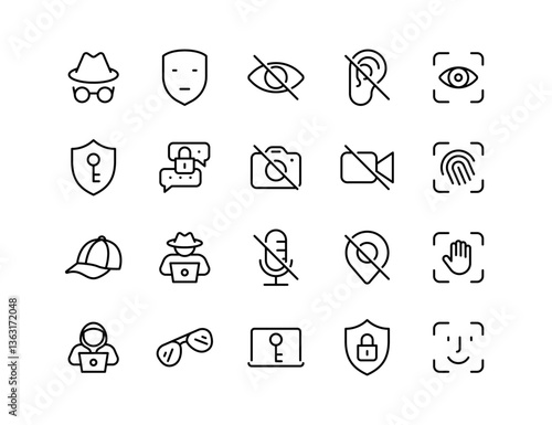 Privacy Vector Icon Set | Adjustable Line Weight | Security, fingerprint, encryption, cybersecurity, surveillance, confidential, incognito, protection, authentication, identity theft icons