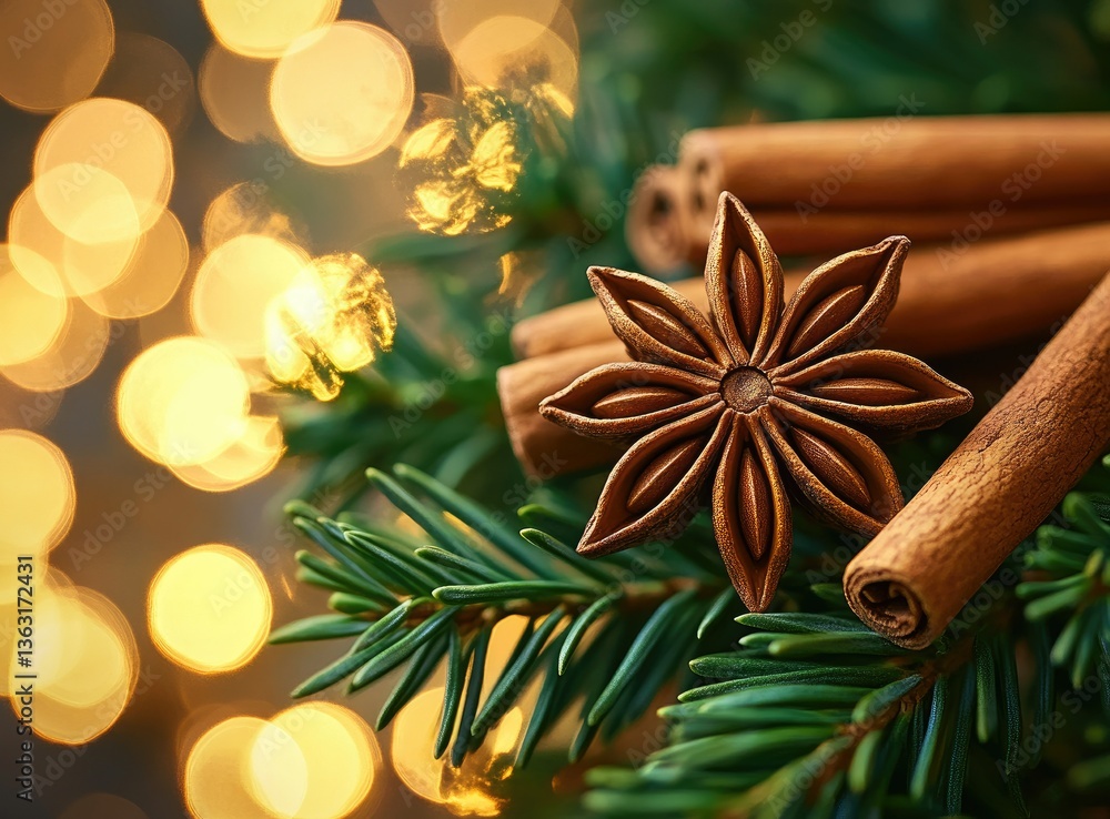 Star Anise and Cinnamon Sticks on Fir Branch with Bokeh Lights Star Anise and Cinnamon Sticks on Fir Branch with Bokeh Lights