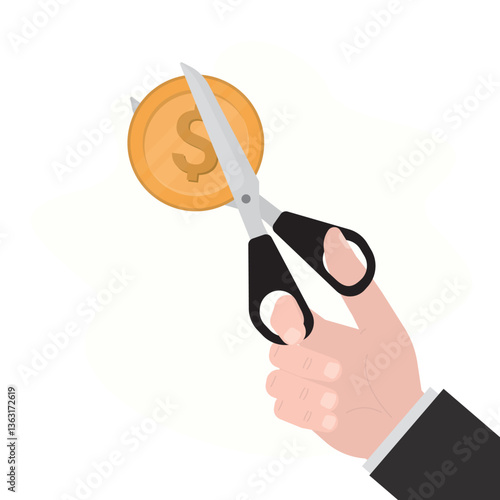 Hand uses scissors and cutting gold coin. Salary reduction. Reducing cost concept. Businessman cutting dollar. Big discount. Half price. Cost cut icon.