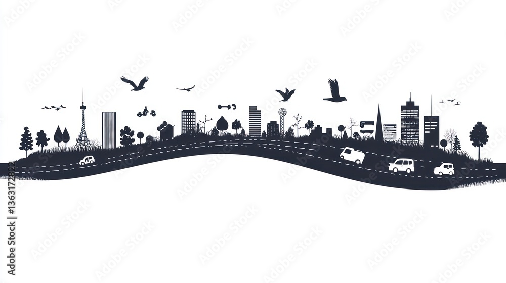 Obraz premium Cityscape road, eco-friendly vehicles, birds, sustainable urban landscape, website banner