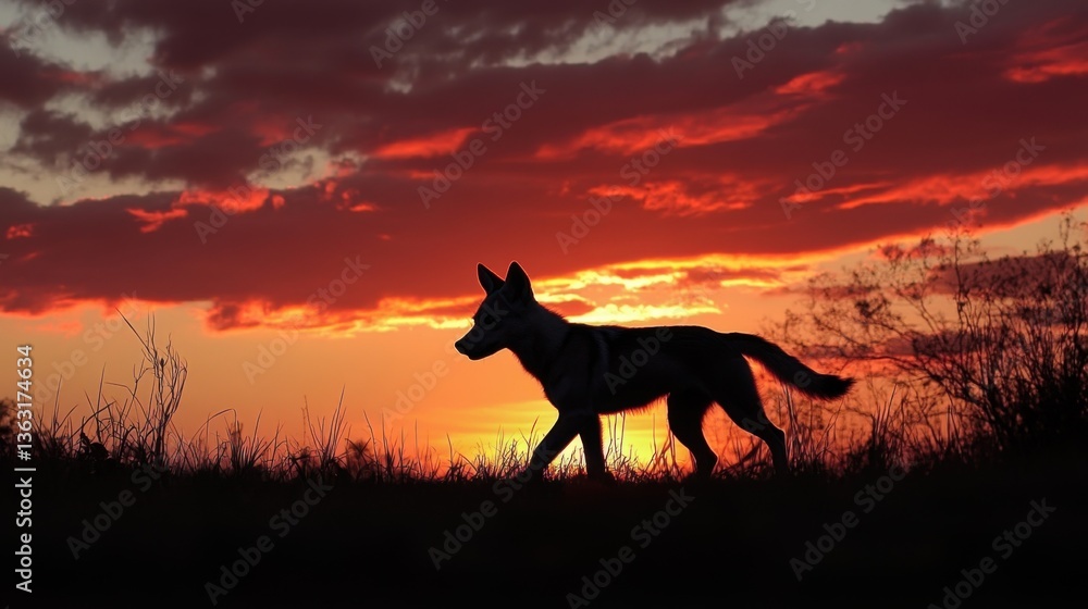 Silhouette of a wild dog or canine walking across grassland against dramatic red and orange sunset sky. Silhouette of a wild dog or canine walking across grassland against dramatic red and orange sunset sky.