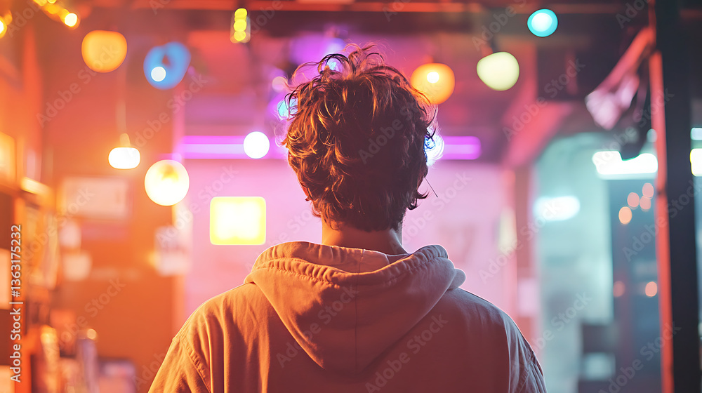 young man standing alone in vibrant, colorful room illuminated by neon lights, creating dreamy and contemplative atmosphere from behind view young man standing alone in vibrant, colorful room illuminated by neon lights, creating dreamy and contemplative atmosphere from behind view