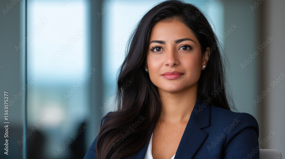 Young woman with long black hair wearing blue blazer and pearl earrings against office window background. Professional portrait concept for corporate leadership and business executive recruitment Young woman with long black hair wearing blue blazer and pearl earrings against office window background. Professional portrait concept for corporate leadership and business executive recruitment