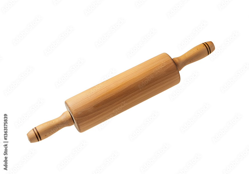 A floating wooden rolling pin, isolated on a solid white background. A floating wooden rolling pin, isolated on a solid white background.