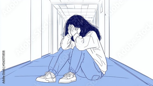 Girl sitting in hallway covering face	