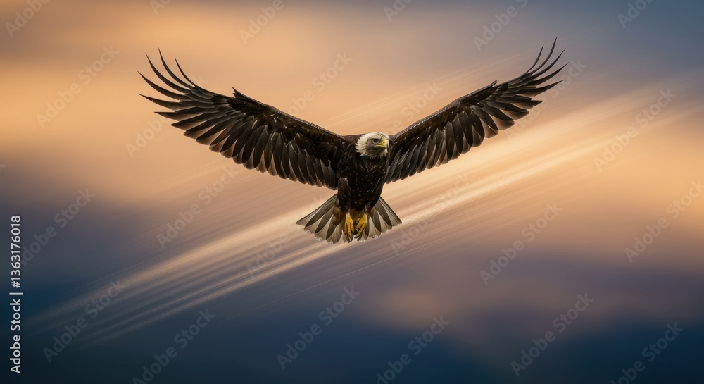 Fototapeta premium Majestic eagle soaring through a colorful sunset sky over tranquil landscape