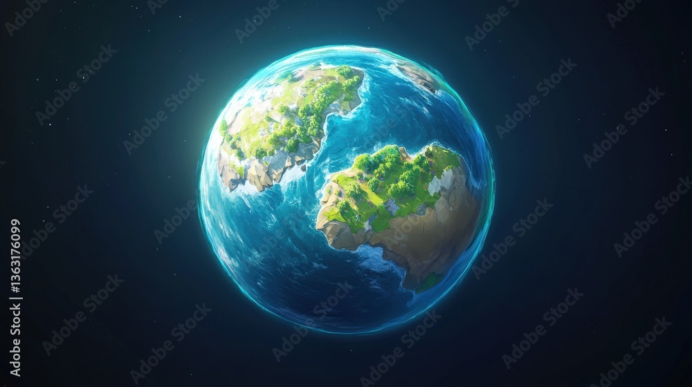 Obraz premium Stylized Earth Planet Depiction Showing Landmasses and Oceans