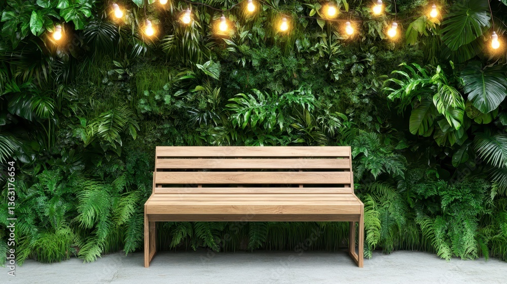 Obraz premium Wooden bench against a lush green wall with warm string lights. Tranquil outdoor setting