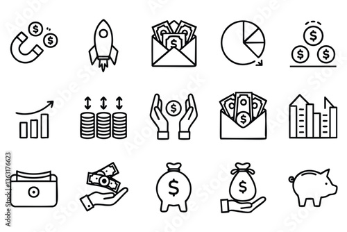 Simple Black Line Icon Set Depicting Financial Growth and Management