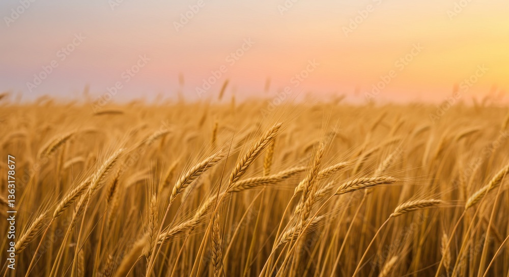 Obraz premium Golden wheat field under a colorful sunset, showcasing nature's beauty and tranquility