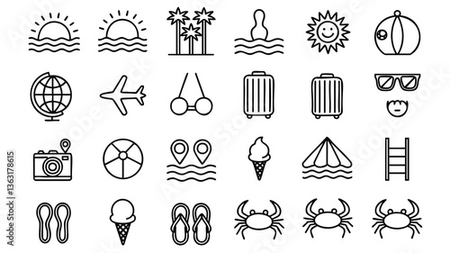 Simple Line Art Icons Representing Summer Vacation Activities