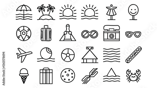 Collection of Simple Black Line Art Summer Vacation Icons