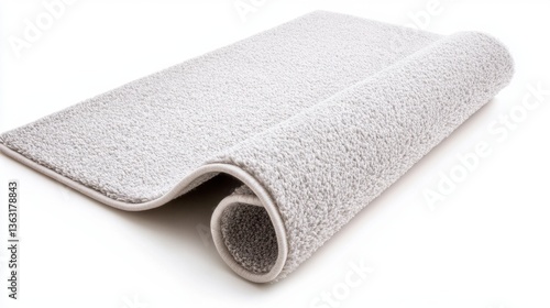 Soft, light grey rug with a slightly textured surface, rolled partially. The rug is shown against a plain white