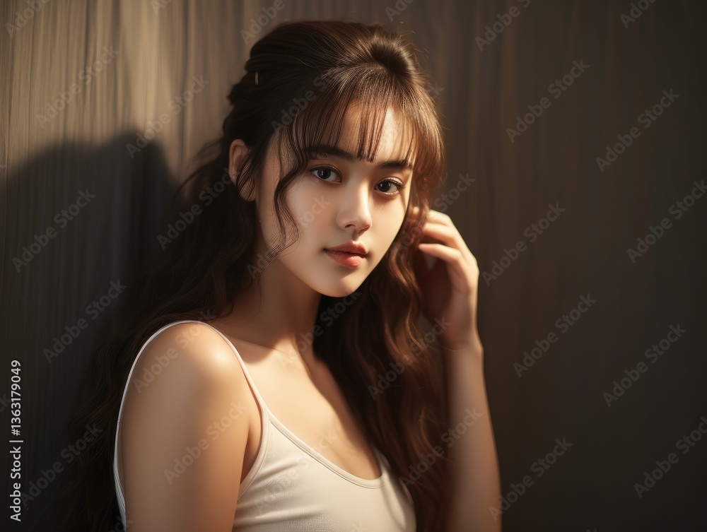 Obraz premium Portrait of a young woman with long hair in soft natural light
