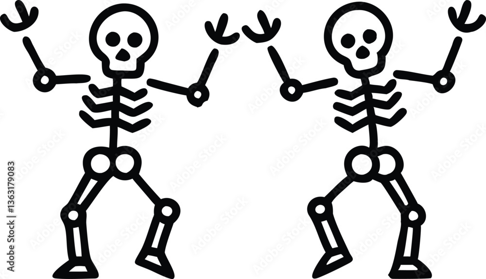 Skeletons dancing with different positions flat style design vector illustration set. Funny dancing Halloween or Day of the dead skeletons collection. Creepy, scary human bones characters silhouettes. Skeletons dancing with different positions flat style design vector illustration set. Funny dancing Halloween or Day of the dead skeletons collection. Creepy, scary human bones characters silhouettes.